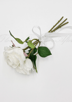 Artificial wedding bridal bouquet, side view of mixed faux blooms and green foliage. Made in Melbourne by Flowers For Ever After, shipping Australia and Worldwide.
