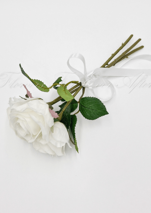 Artificial wedding bridal bouquet, side view of mixed faux blooms and green foliage. Made in Melbourne by Flowers For Ever After, shipping Australia and Worldwide.