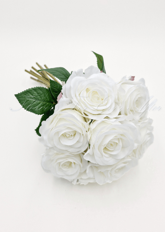 Artificial wedding bridal bouquet, front view of mixed faux blooms, smaller flowers and green leaves. Made in Melbourne by Flowers For Ever After, shipping Australia and Worldwide.
