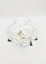 Artificial wedding bridal bouquet close-up showing layered faux flower petals and green foliage. Made in Melbourne by Flowers For Ever After, shipping Australia and Worldwide.