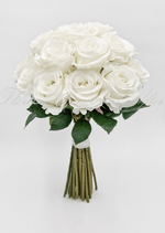 Artificial wedding bridesmaid posy close-up showing faux flower petals and green foliage. Made in Melbourne by Flowers For Ever After, shipping Australia and Worldwide.
