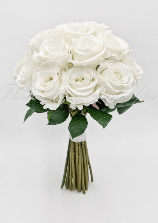 Artificial wedding bridesmaid posy close-up showing faux flower petals and green foliage. Made in Melbourne by Flowers For Ever After, shipping Australia and Worldwide.