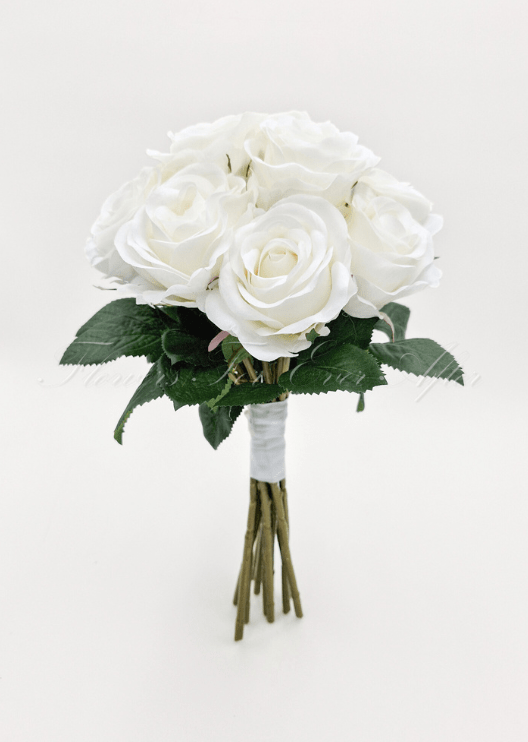 Artificial wedding bridal bouquet with mixed faux flowers and green foliage, finished with ribbon-wrapped stems. Made in Melbourne by Flowers For Ever After, shipping Australia and Worldwide.