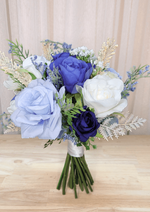 Artificial wedding small bouquet with navy, pale blue and white faux roses, pale branching sprigs and white-wrapped stems. Made in Melbourne by Flowers For Ever After, shipping Australia and Worldwide.