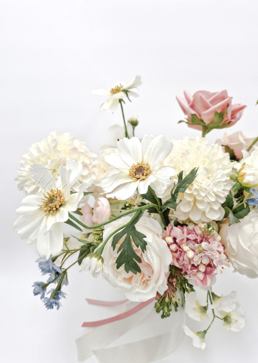 Artificial wedding bridal bouquet, front view of mixed faux roses, small flowers and green leaves. Made in Melbourne by Flowers For Ever After, shipping Australia and Worldwide.