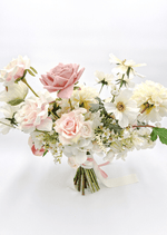Artificial wedding bridal bouquet, angled view of mixed faux roses and green leaves. Made in Melbourne by Flowers For Ever After, shipping Australia and Worldwide.