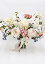 Artificial wedding bridal bouquet with mixed faux roses, small flowers and green foliage. Made in Melbourne by Flowers For Ever After, shipping Australia and Worldwide.