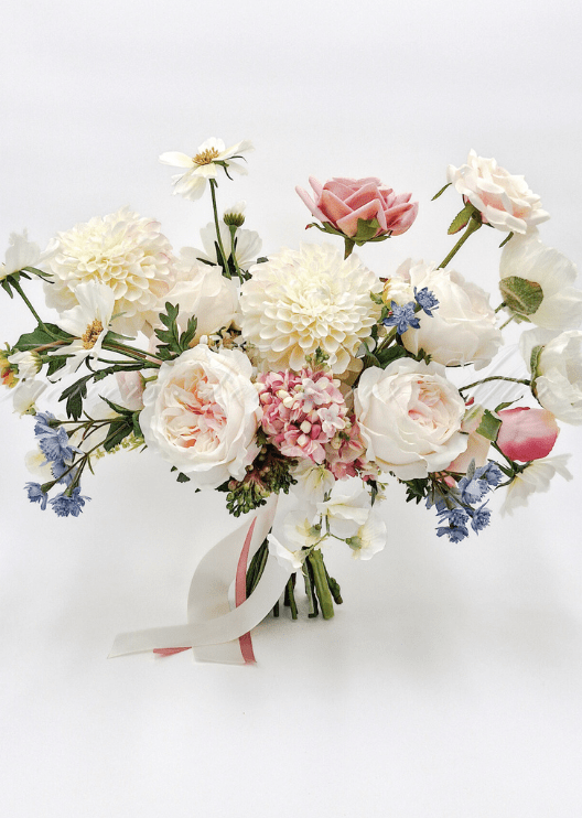 Artificial wedding bridal bouquet with mixed faux roses, small flowers and green foliage. Made in Melbourne by Flowers For Ever After, shipping Australia and Worldwide.