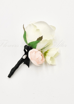 Artificial wedding boutonniere with a faux rose, small flowers and green foliage, finished with wrapped stems. For formals, proms and ball occasions. Made in Melbourne by Flowers For Ever After, shipping Australia and Worldwide.