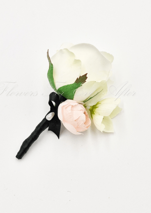 Artificial wedding boutonniere with a faux rose, small flowers and green foliage, finished with wrapped stems. For formals, proms and ball occasions. Made in Melbourne by Flowers For Ever After, shipping Australia and Worldwide.