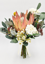 Artificial wedding bridesmaid bouquet, front view of a peach faux protea, white blooms, yellow billy buttons and eucalyptus. Made in Melbourne by Flowers For Ever After, shipping Australia and Worldwide.