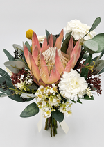 Artificial wedding bridesmaid bouquet with a peach faux protea, white blooms, yellow billy buttons and eucalyptus. Made in Melbourne by Flowers For Ever After, shipping Australia and Worldwide.