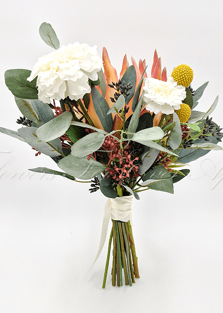 Artificial wedding bridesmaid bouquet, reverse view of white faux flowers, yellow billy buttons, peach protea petals and eucalyptus. Made in Melbourne by Flowers For Ever After, shipping Australia and Worldwide.