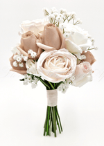 Artificial wedding bridesmaid posy, front view of faux roses and green foliage. Made in Melbourne by Flowers For Ever After, shipping Australia and Worldwide.