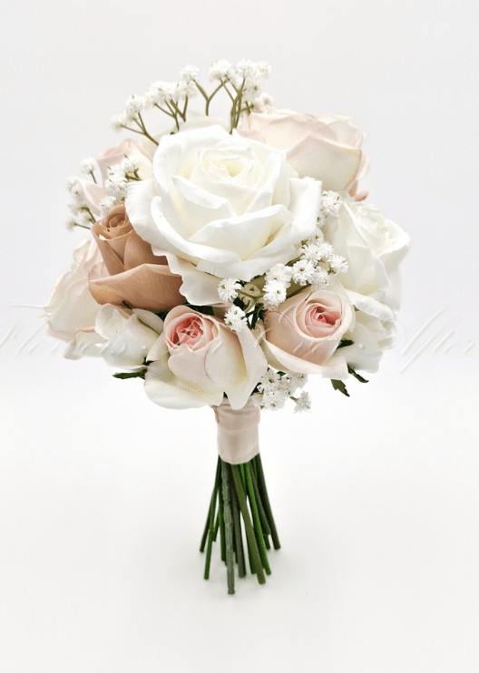 Artificial wedding bridesmaid posy, angled view of faux roses and smaller flowers. Made in Melbourne by Flowers For Ever After, shipping Australia and Worldwide.