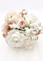 Artificial wedding bridesmaid posy with faux roses, smaller blooms and green foliage. Made in Melbourne by Flowers For Ever After, shipping Australia and Worldwide.