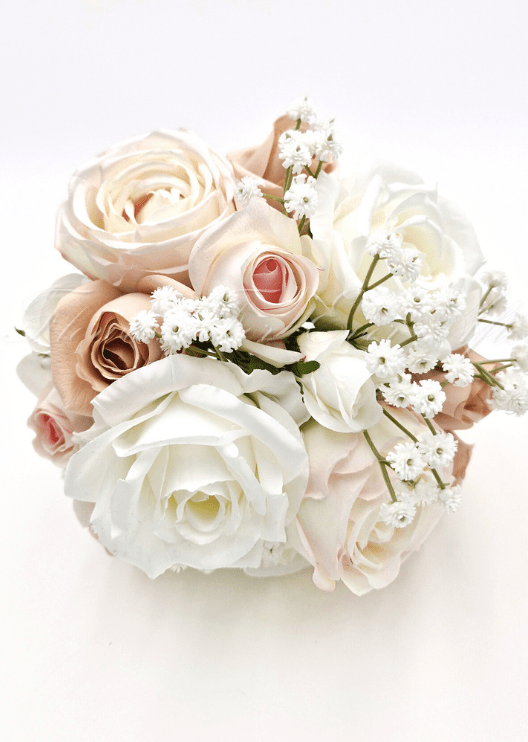 Artificial wedding bridesmaid posy with faux roses, smaller blooms and green foliage. Made in Melbourne by Flowers For Ever After, shipping Australia and Worldwide.