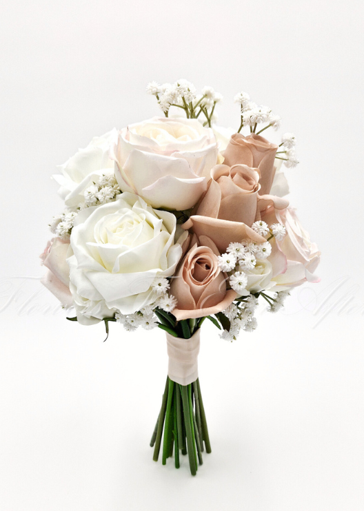 Artificial wedding bridesmaid posy close-up showing faux rose petals, small flowers and greenery. Made in Melbourne by Flowers For Ever After, shipping Australia and Worldwide.