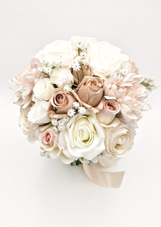 Artificial wedding bridal bouquet close-up showing faux roses, smaller flowers and greenery. Made in Melbourne by Flowers For Ever After, shipping Australia and Worldwide.