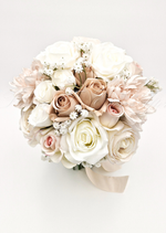 Artificial wedding bridal bouquet close-up showing faux roses, smaller flowers and greenery. Made in Melbourne by Flowers For Ever After, shipping Australia and Worldwide.