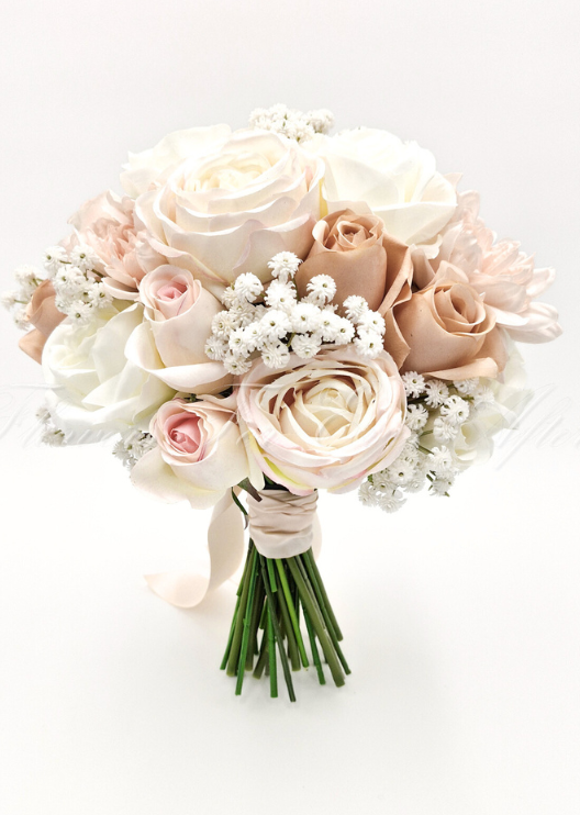 Artificial wedding bridal bouquet, angled view of mixed faux roses and green leaves. Made in Melbourne by Flowers For Ever After, shipping Australia and Worldwide.