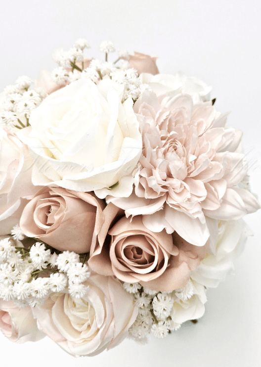 Artificial wedding bridal bouquet, side view of faux roses, small blooms and green foliage. Made in Melbourne by Flowers For Ever After, shipping Australia and Worldwide.