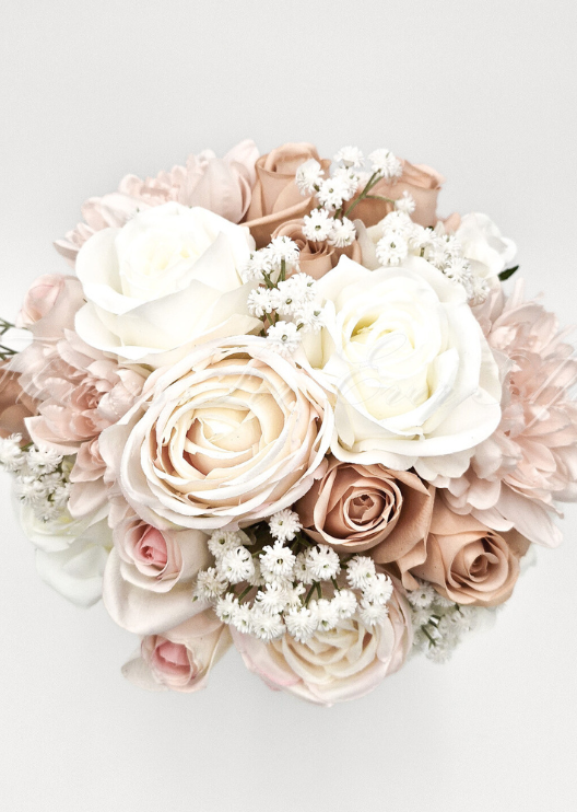 Artificial wedding bridal bouquet close-up showing layered faux rose petals and smaller flowers. Made in Melbourne by Flowers For Ever After, shipping Australia and Worldwide.
