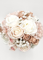 Artificial wedding bridal bouquet close-up showing layered faux rose petals and smaller flowers. Made in Melbourne by Flowers For Ever After, shipping Australia and Worldwide.