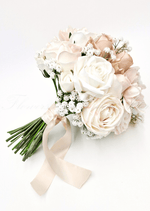 Artificial wedding bridal bouquet, front view of mixed faux roses and green foliage. Made in Melbourne by Flowers For Ever After, shipping Australia and Worldwide.