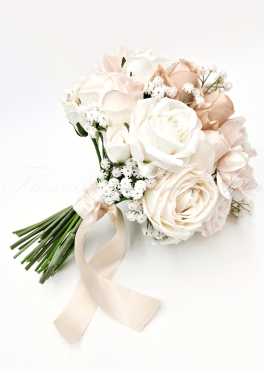 Artificial wedding bridal bouquet, front view of mixed faux roses and green foliage. Made in Melbourne by Flowers For Ever After, shipping Australia and Worldwide.