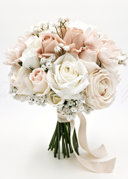 Artificial wedding bridal bouquet with mixed faux roses, smaller blooms and green leaves. Made in Melbourne by Flowers For Ever After, shipping Australia and Worldwide.