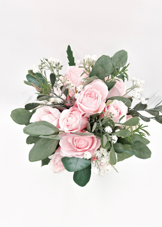 Artificial wedding bridesmaid bouquet with pale pink faux roses, small white pompom flowers and eucalyptus leaves. Made in Melbourne by Flowers For Ever After, shipping Australia and Worldwide.