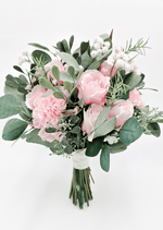 Artificial wedding bridal bouquet, front view of pale pink faux roses, pink hydrangea, white pompom flowers and eucalyptus, with wrapped stems. Made in Melbourne by Flowers For Ever After, shipping Australia and Worldwide.