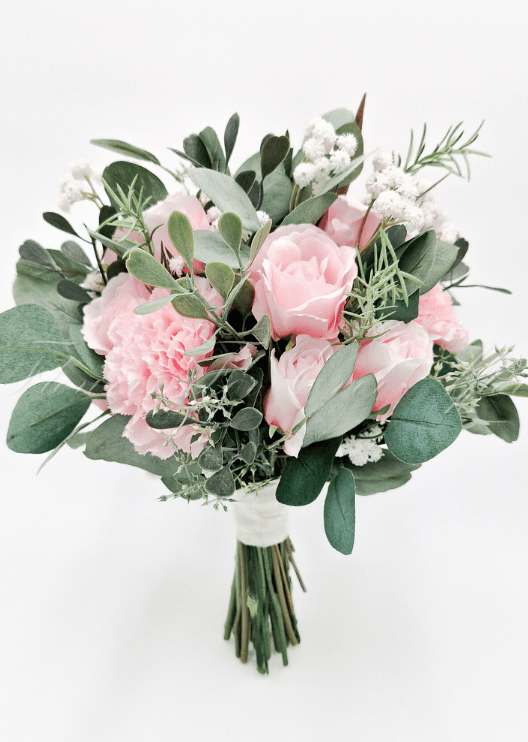 Artificial wedding bridal bouquet, front view of pale pink faux roses, pink hydrangea, white pompom flowers and eucalyptus, with wrapped stems. Made in Melbourne by Flowers For Ever After, shipping Australia and Worldwide.