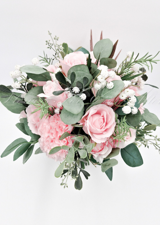 Artificial wedding bridal bouquet with pale pink faux roses, pink hydrangea, white pompom flowers and eucalyptus leaves. Made in Melbourne by Flowers For Ever After, shipping Australia and Worldwide.