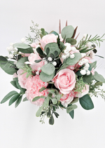 Artificial wedding bridal bouquet with pale pink faux roses, pink hydrangea, white pompom flowers and eucalyptus leaves. Made in Melbourne by Flowers For Ever After, shipping Australia and Worldwide.