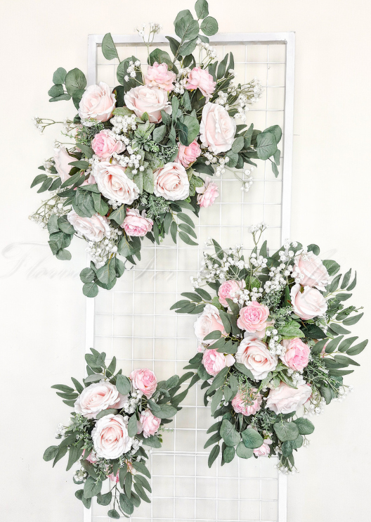 Artificial wedding ceremony floral set with three arrangements of pale pink faux roses, white pompom flowers and eucalyptus. Made in Melbourne by Flowers For Ever After, shipping Australia and Worldwide.