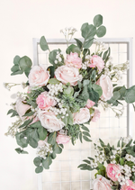 Artificial wedding ceremony flowers with pale pink faux roses, white pompom blooms, eucalyptus and trailing greenery. Made in Melbourne by Flowers For Ever After, shipping Australia and Worldwide.