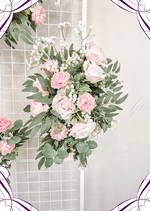 Artificial wedding ceremony arrangement with pale pink faux roses, white pompom flowers, eucalyptus and trailing green sprigs. Made in Melbourne by Flowers For Ever After, shipping Australia and Worldwide.
