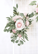 Artificial wedding sign decoration with pale pink faux roses, white pompom flowers and eucalyptus at a sign corner. Made in Melbourne by Flowers For Ever After, shipping Australia and Worldwide.