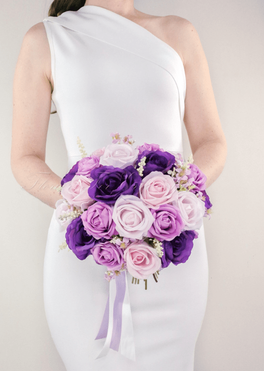 Artificial wedding bridal bouquet, front view of mixed faux flowers and green leaves. Made in Melbourne by Flowers For Ever After, shipping Australia and Worldwide.
