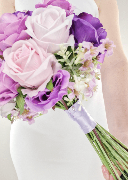 Artificial wedding bridesmaid bouquet, front view of mixed faux flowers and green leaves. Made in Melbourne by Flowers For Ever After, shipping Australia and Worldwide.