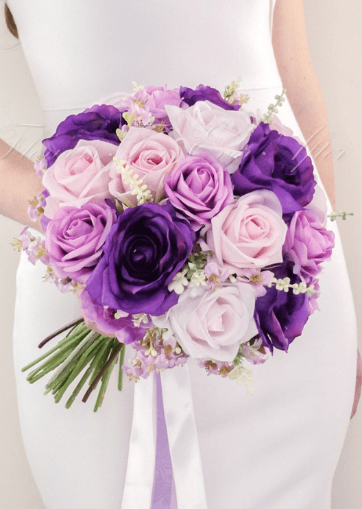 Artificial wedding bridal bouquet with mixed faux blooms, green foliage and wrapped stems. Made in Melbourne by Flowers For Ever After, shipping Australia and Worldwide.