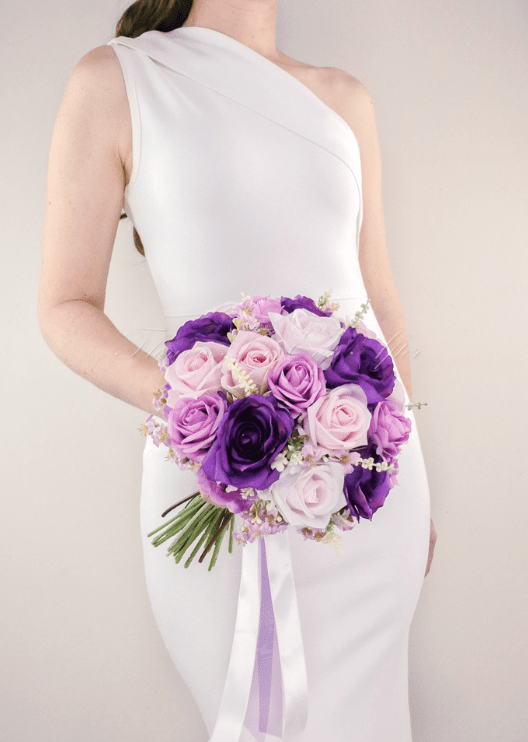 Artificial wedding bridal bouquet, side view of mixed faux flowers and wrapped stems. Made in Melbourne by Flowers For Ever After, shipping Australia and Worldwide.