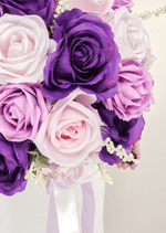 Artificial wedding bridal bouquet with mixed faux blooms, green foliage and a wrapped handle. Made in Melbourne by Flowers For Ever After, shipping Australia and Worldwide.