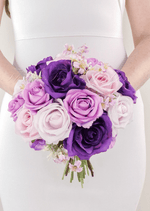 Artificial wedding bridesmaid bouquet, angled view of mixed faux blooms and green leaves. Made in Melbourne by Flowers For Ever After, shipping Australia and Worldwide.
