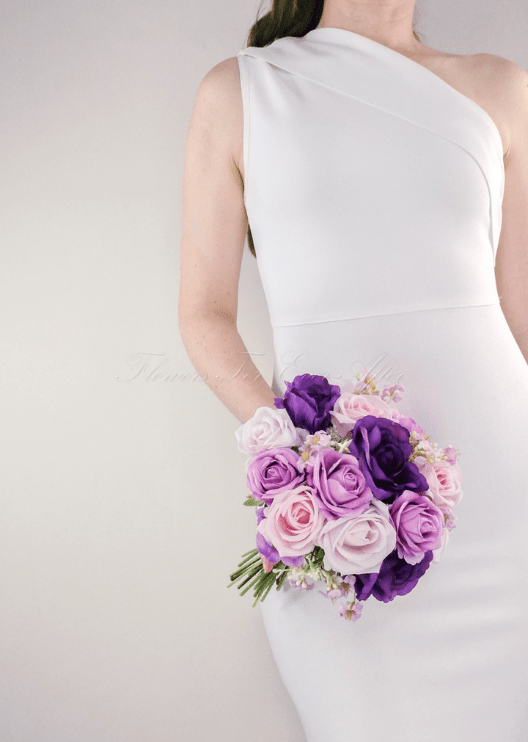 Artificial wedding bridesmaid bouquet close-up showing layered faux flower petals and foliage. Made in Melbourne by Flowers For Ever After, shipping Australia and Worldwide.