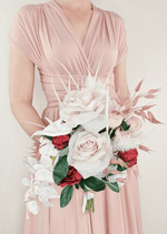 Artificial wedding bridal bouquet, reverse view of blush faux roses, red flowers, white orchids and pink foliage. Made in Melbourne by Flowers For Ever After, shipping Australia and Worldwide.