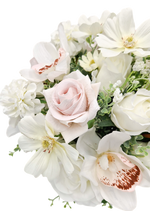 Artificial wedding bouquet close-up with blush and white faux roses, white orchids and small white blooms. Made in Melbourne by Flowers For Ever After, shipping Australia and Worldwide.