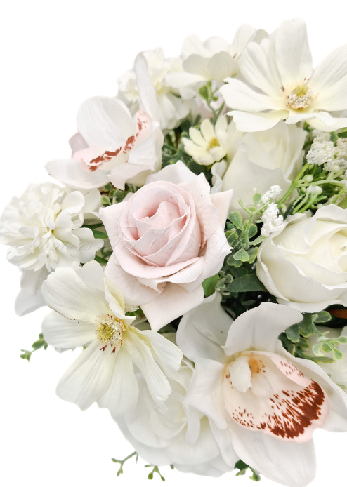 Artificial wedding bouquet close-up with blush and white faux roses, white orchids and small white blooms. Made in Melbourne by Flowers For Ever After, shipping Australia and Worldwide.